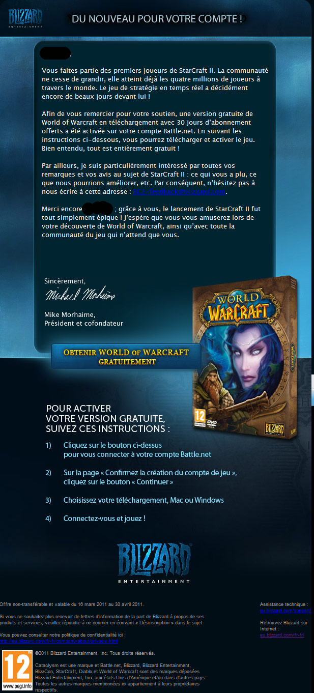 Offre d'abonnement de 30 jours à World of Warcraft pour les joueurs de StarCraft II.
