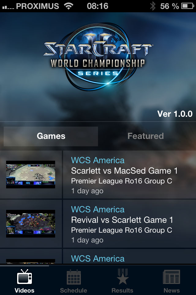 Screenshot de la version iPhone de l'app iOS des WCS StarCraft II.